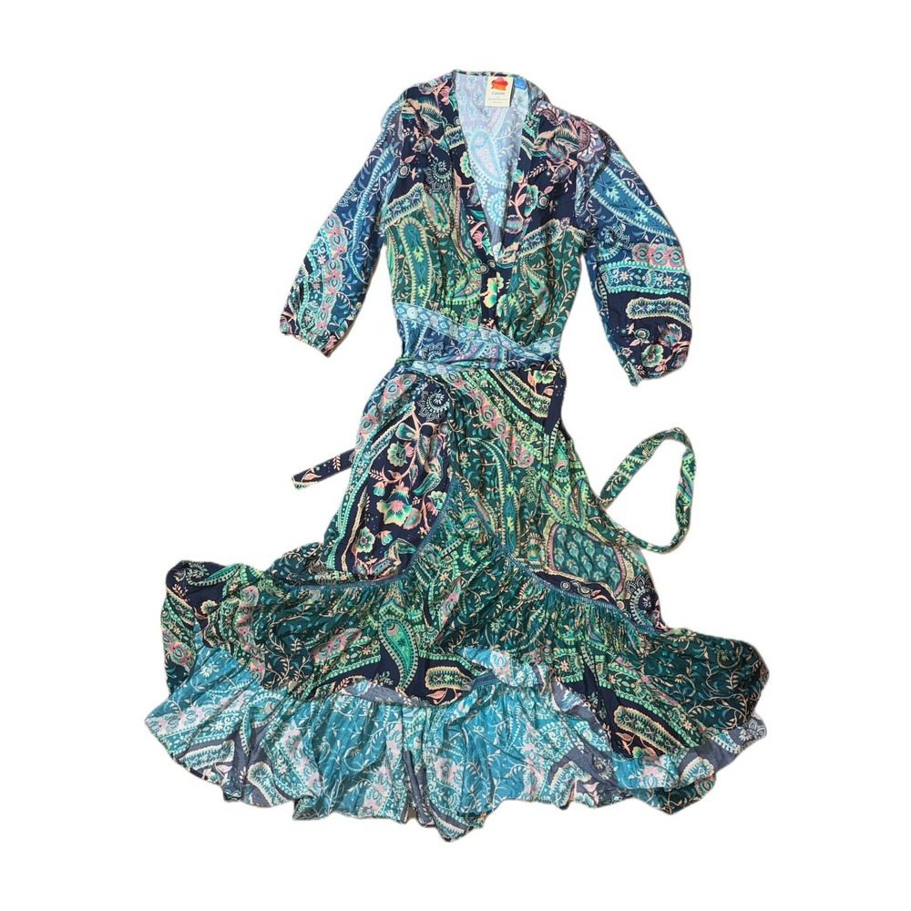 Farm Rio Anthro Blue Green Boho Paisley Wrap Tie Waist Slit Ruffle Dress Size XS